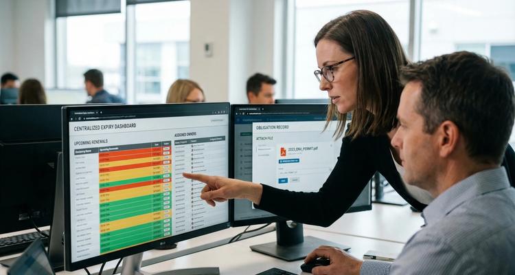A compliance manager reviewing a centralized expiry dashboard with upcoming renewals and assigned owners, while a teammate adds a document attachment to an obligation record.