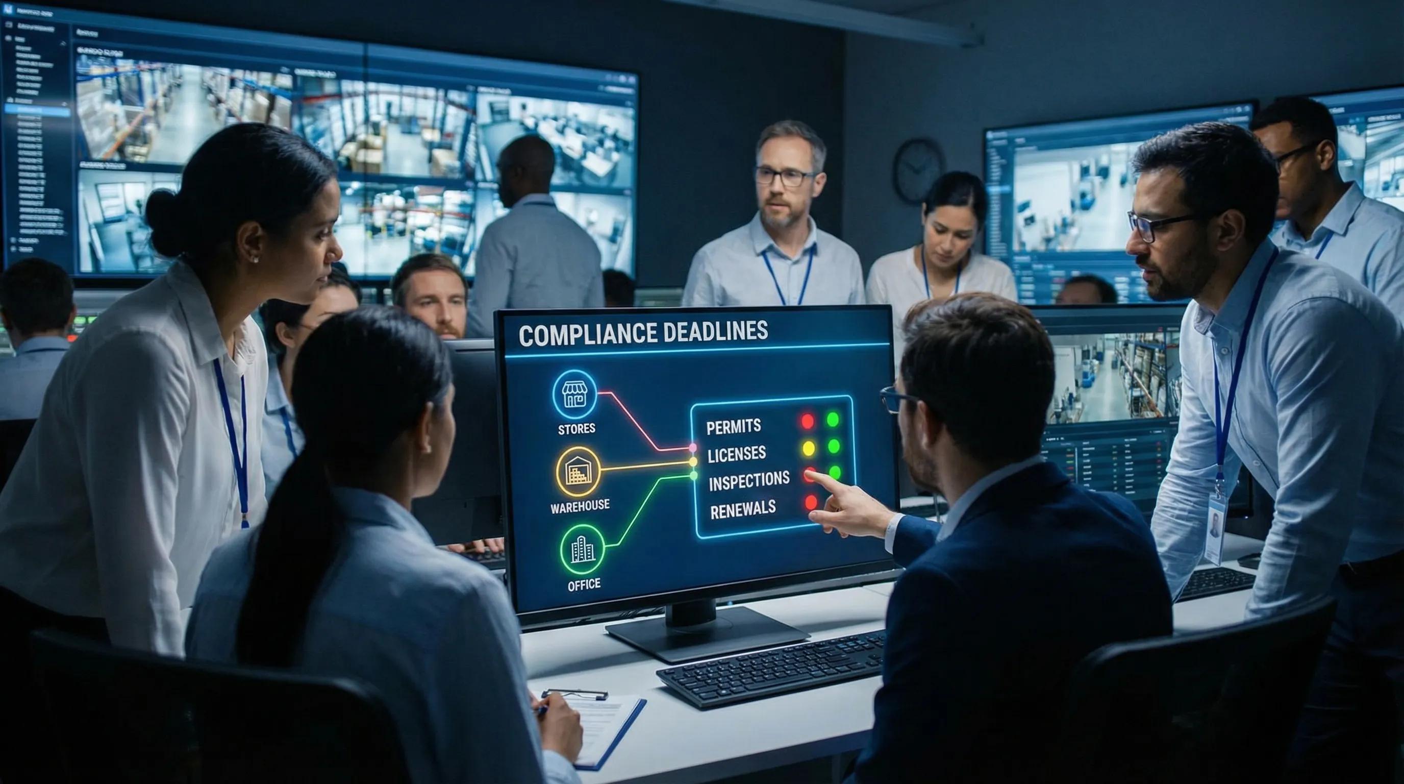 A multi-location compliance operations scene showing a central dashboard concept with several facility icons (stores, warehouse, office) connected to a single “Compliance Deadlines” board that includes permits, licenses, inspections, and renewals with status indicators.