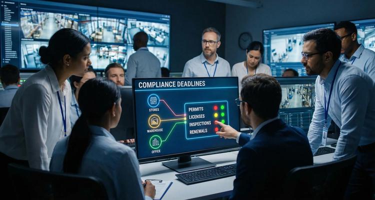 A multi-location compliance operations scene showing a central dashboard concept with several facility icons (stores, warehouse, office) connected to a single “Compliance Deadlines” board that includes permits, licenses, inspections, and renewals with status indicators.