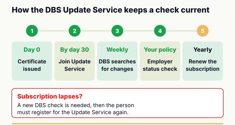 DBS Update Service timeline: certificate issued, join within 30 days, DBS searches weekly, employer status checks on a set schedule, yearly renewal, and a new DBS check if the subscription lapses
