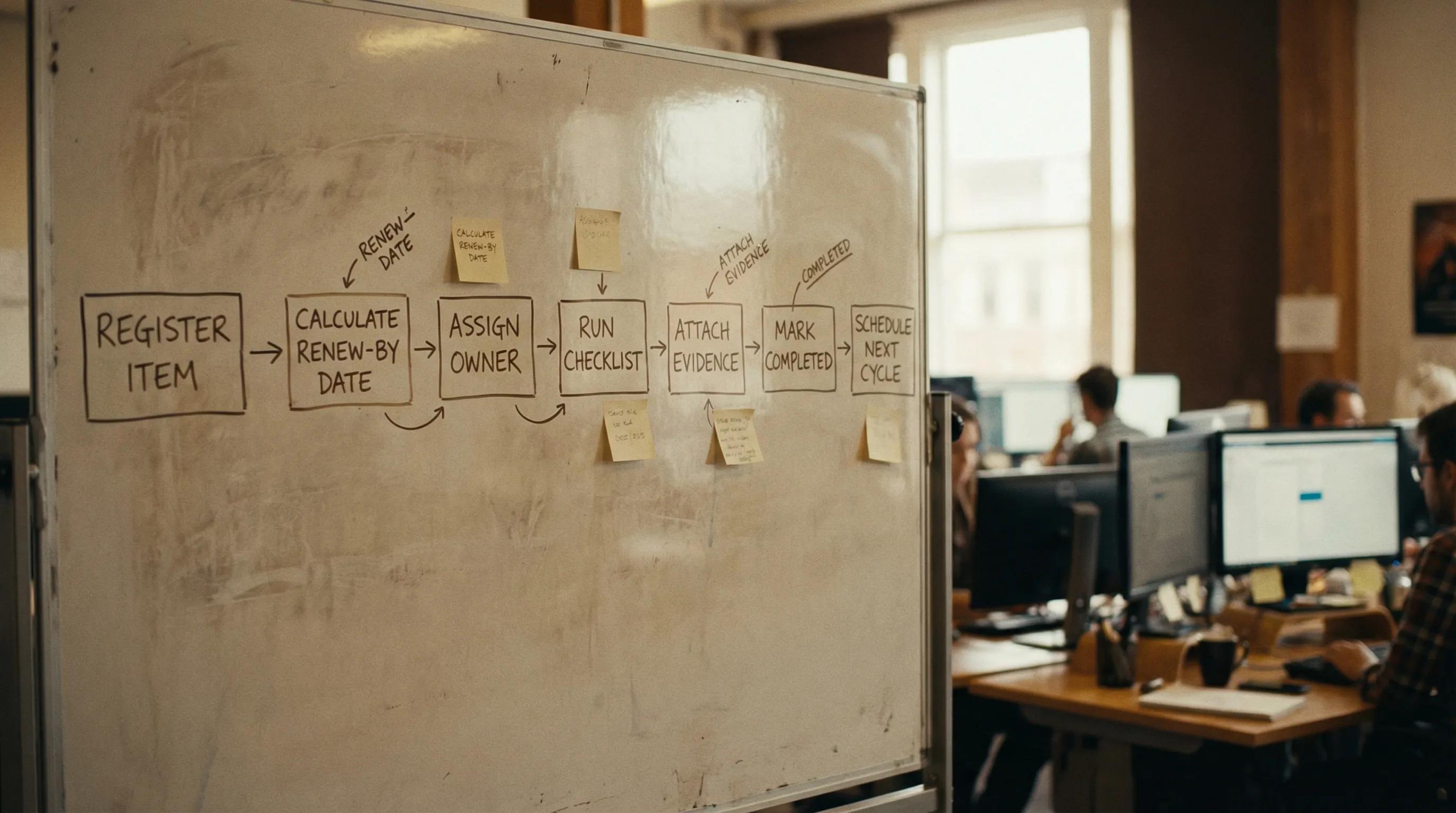 A simple flow diagram showing renewals moving through stages: Register item, calculate renew-by date, assign owner, run checklist, attach evidence, mark completed, schedule next cycle.