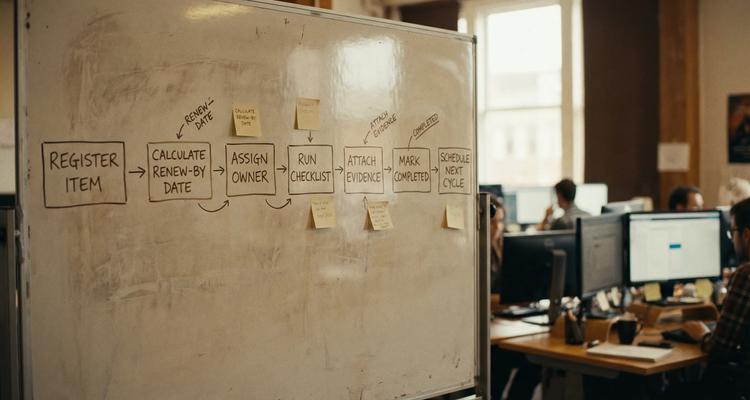 A simple flow diagram showing renewals moving through stages: Register item, calculate renew-by date, assign owner, run checklist, attach evidence, mark completed, schedule next cycle.