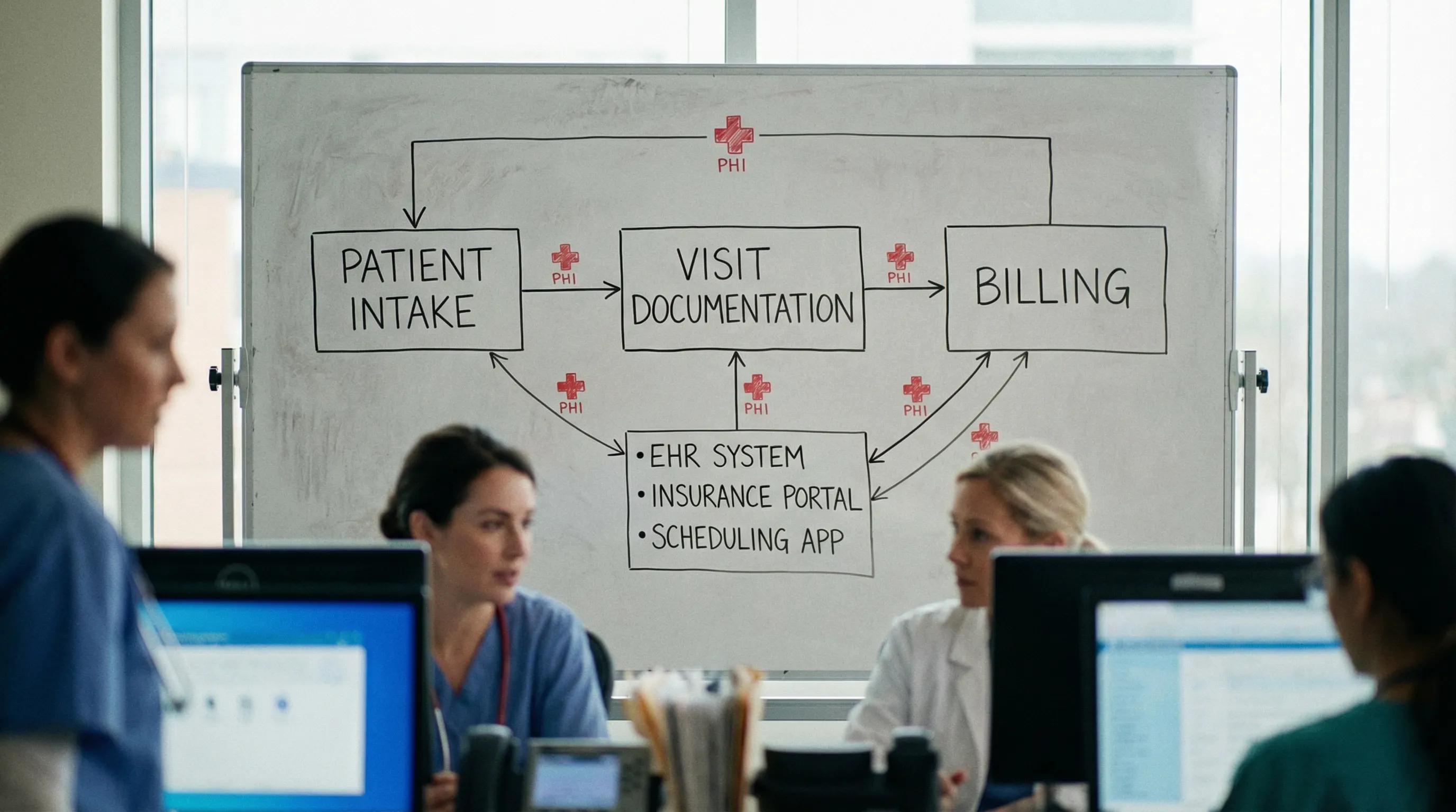 A simple flow diagram showing three healthcare workflows (patient intake, visit documentation, billing) connected to a short list of systems, with icons for PHI data moving between them.