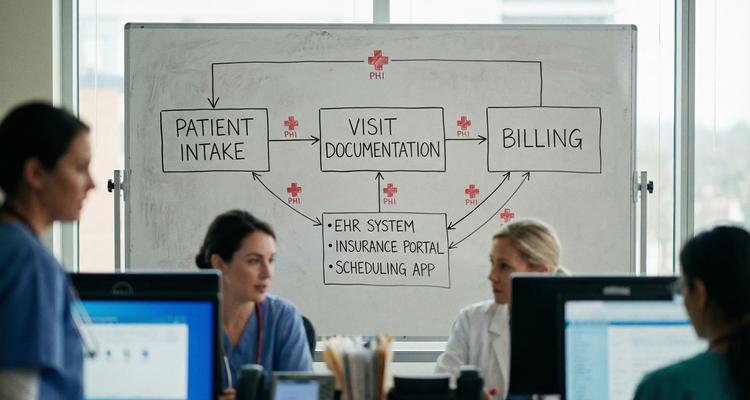 A simple flow diagram showing three healthcare workflows (patient intake, visit documentation, billing) connected to a short list of systems, with icons for PHI data moving between them.