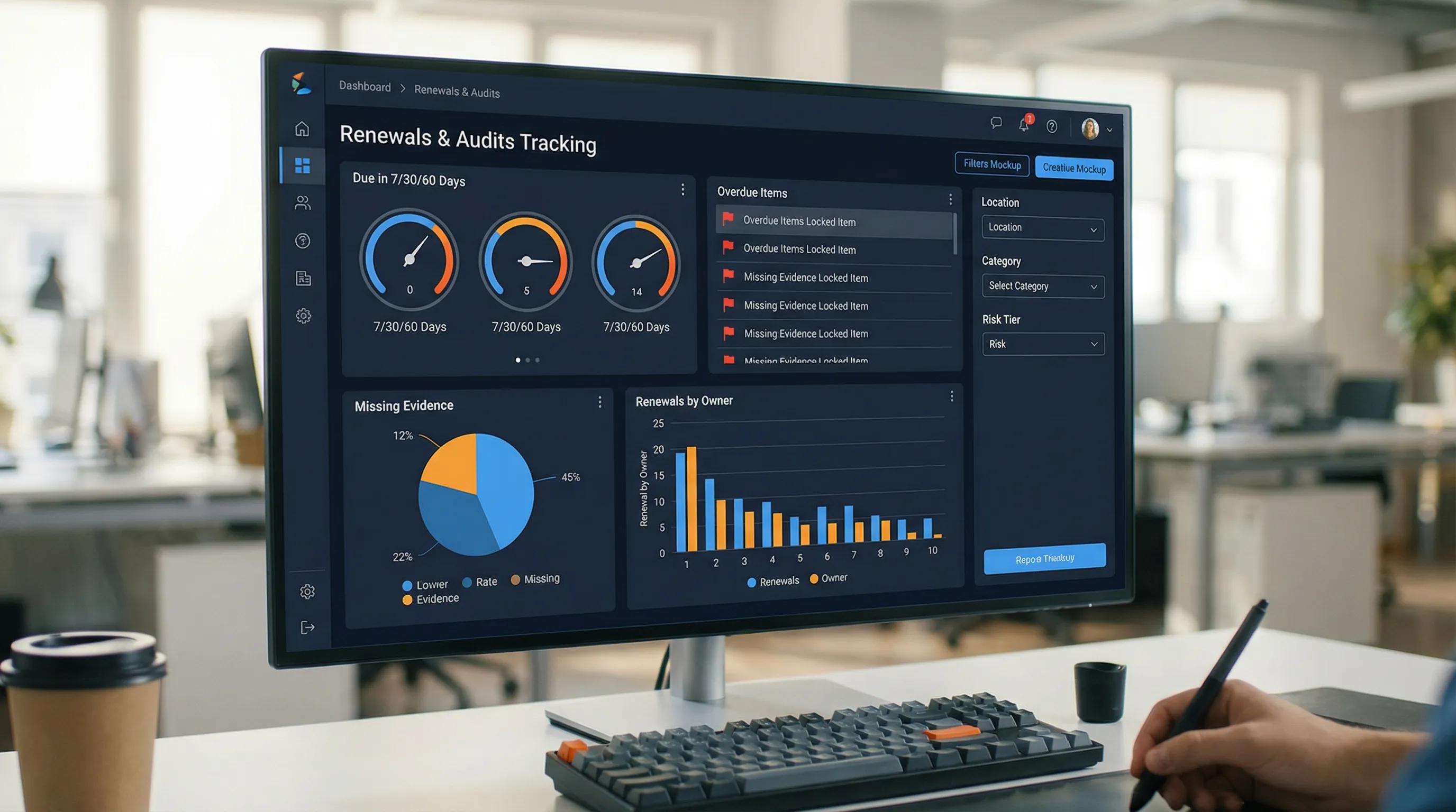 A renewals and audits tracking dashboard mockup showing widgets for due in 7/30/60 days, overdue items, items missing evidence, renewals by owner, and filters for location, category, and risk tier.