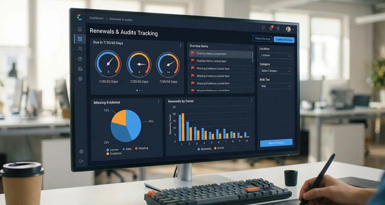 A renewals and audits tracking dashboard mockup showing widgets for due in 7/30/60 days, overdue items, items missing evidence, renewals by owner, and filters for location, category, and risk tier.