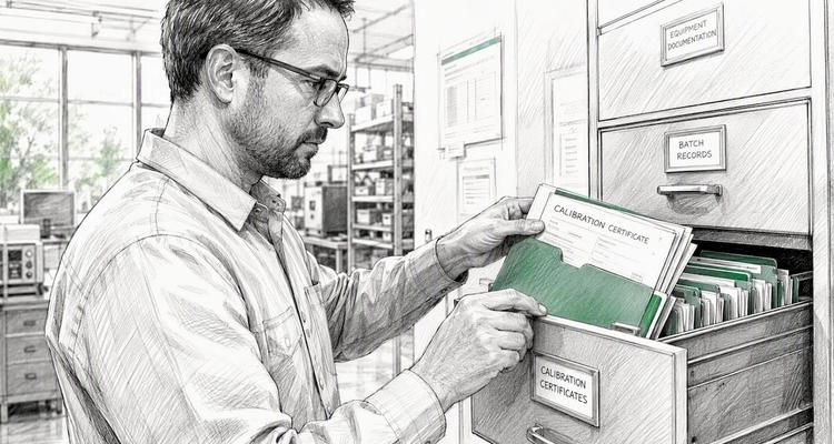 Hands retrieving calibration and batch records