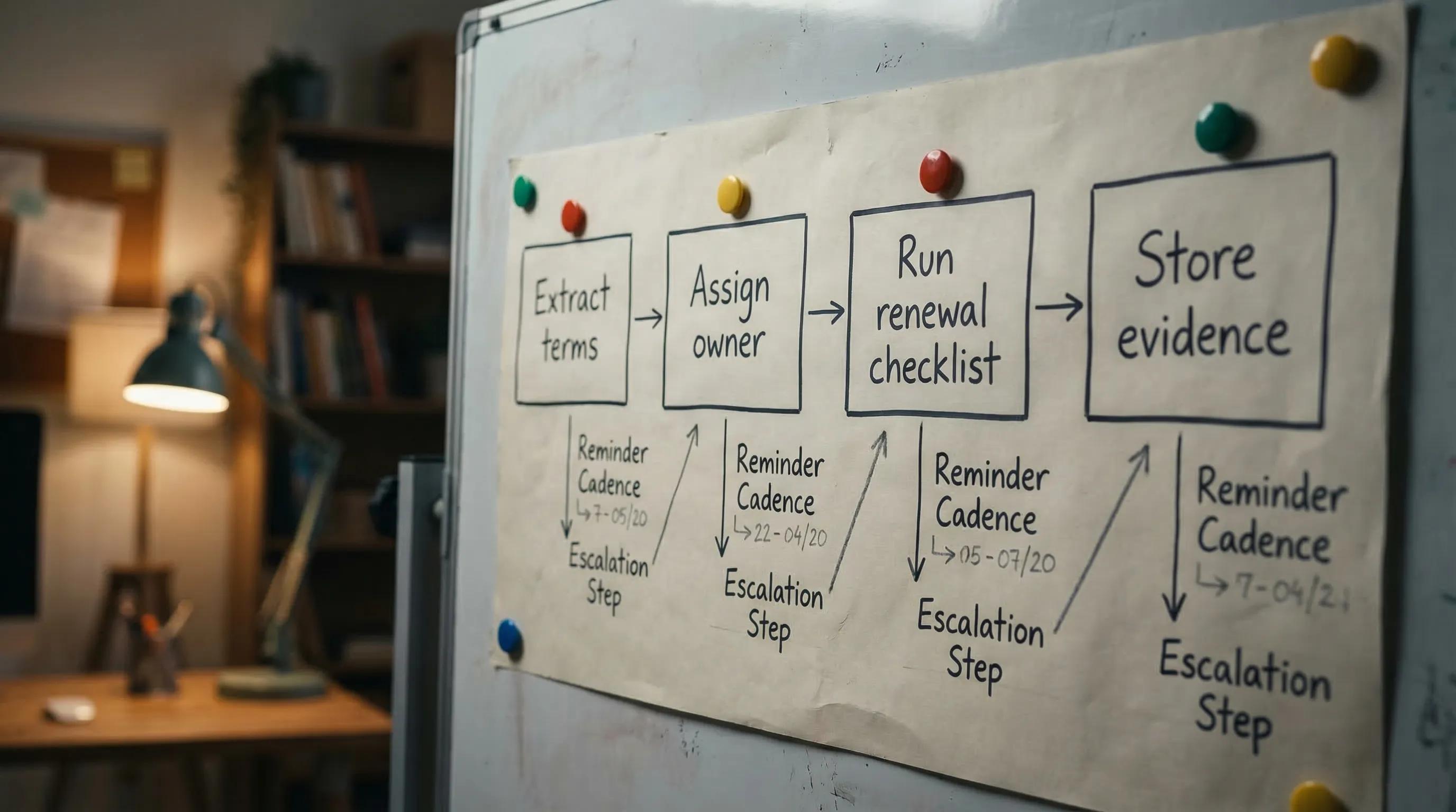 A simple workflow timeline diagram with four stages: Extract terms, Assign owner, Run renewal checklist, Store evidence. Each stage shows a reminder cadence and an escalation step.