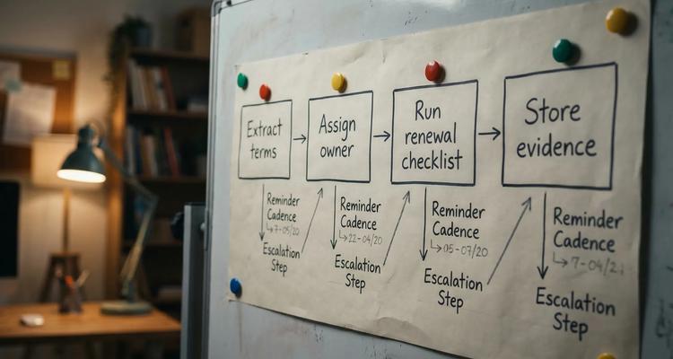 A simple workflow timeline diagram with four stages: Extract terms, Assign owner, Run renewal checklist, Store evidence. Each stage shows a reminder cadence and an escalation step.