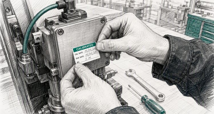 Technician updating equipment calibration sticker