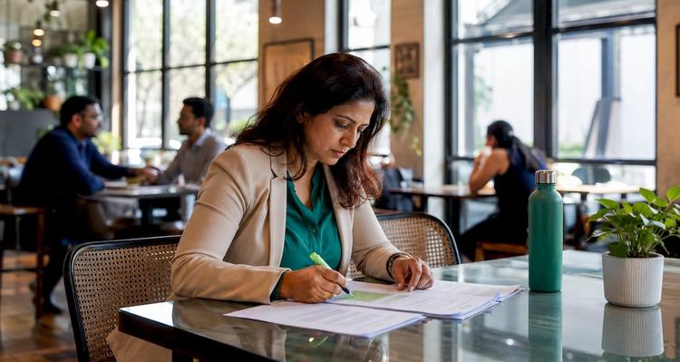 Woman reviewing contract documents at desk