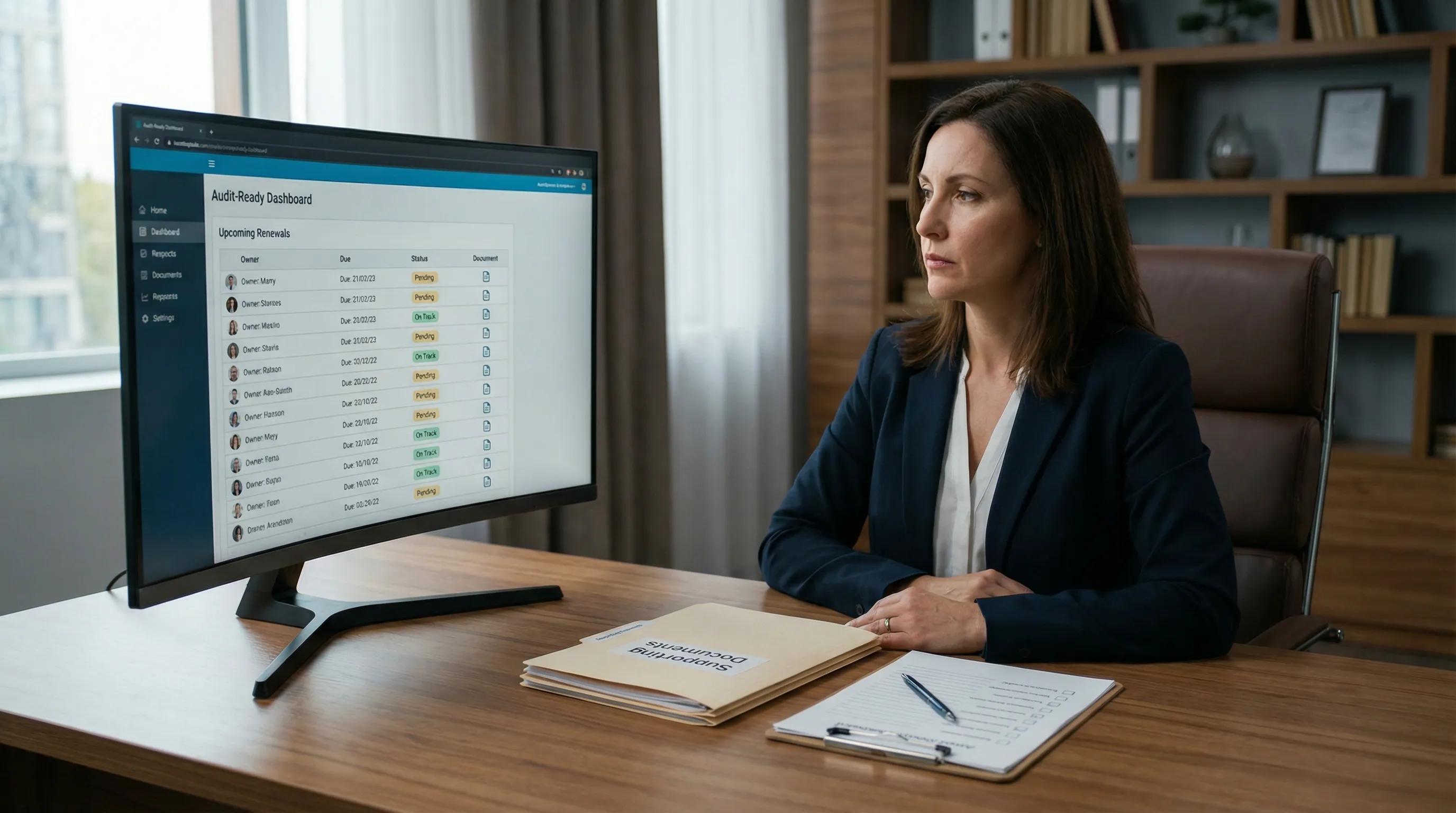 A compliance manager reviewing an audit-ready dashboard with a list of upcoming renewals, each showing an owner, due date, status, and attached document icon. A folder of supporting documents sits beside a checklist on a clipboard.