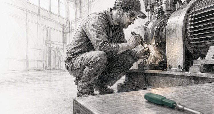 Technician inspecting industrial equipment before service