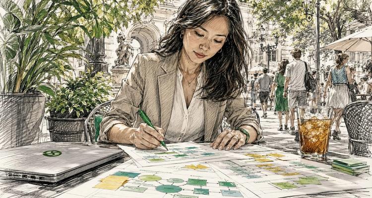 Woman reviewing structured workflow charts