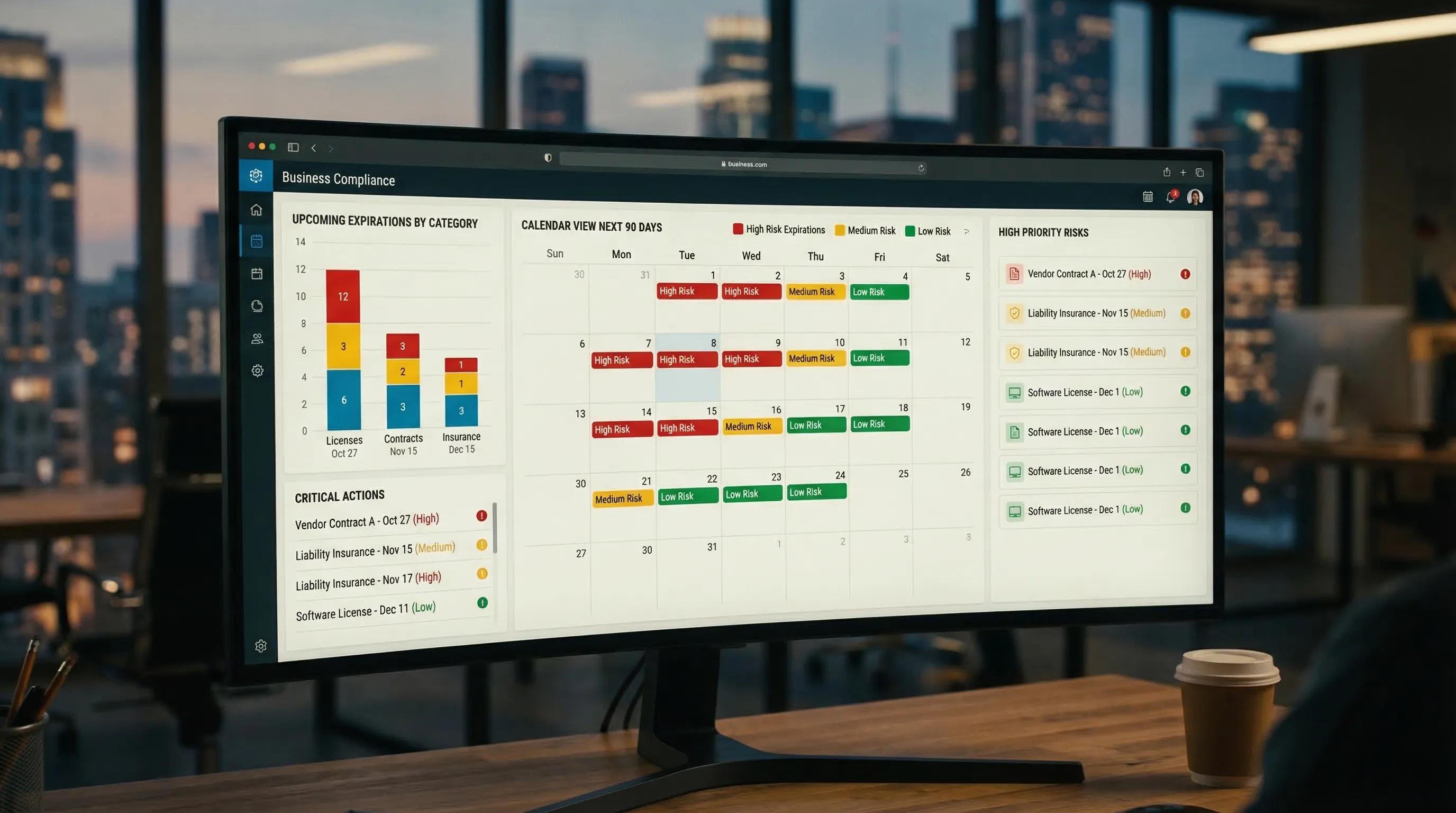 A centralized business compliance dashboard showing upcoming expirations by category (licenses, contracts, insurance), with a calendar view and color-coded risk levels for the next 90 days.