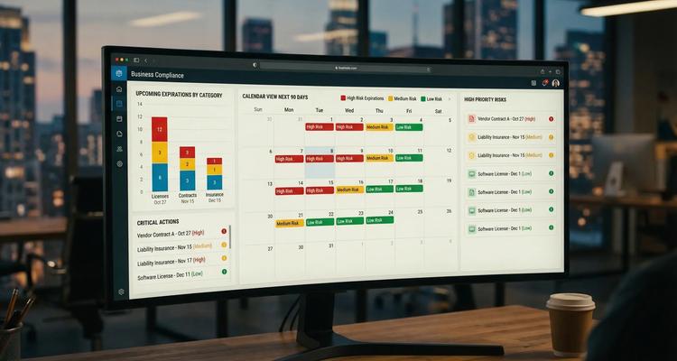 A centralized business compliance dashboard showing upcoming expirations by category (licenses, contracts, insurance), with a calendar view and color-coded risk levels for the next 90 days.