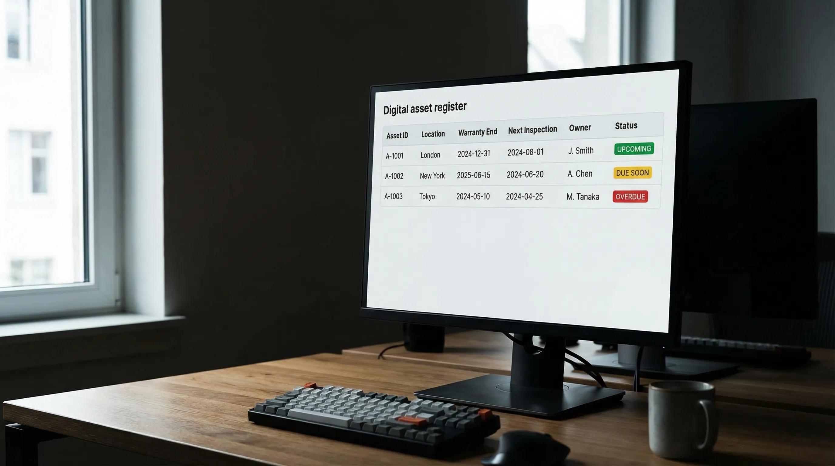 A simplified asset register dashboard showing columns for asset ID, location, warranty end date, next inspection due date, owner, and status badges like Upcoming, Due soon, and Overdue.