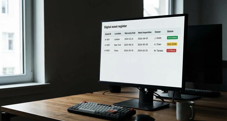 A simplified asset register dashboard showing columns for asset ID, location, warranty end date, next inspection due date, owner, and status badges like Upcoming, Due soon, and Overdue.