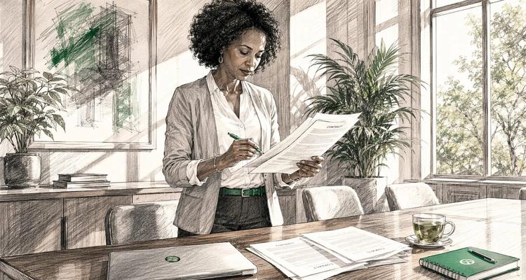Professional woman reviewing contracts at office desk