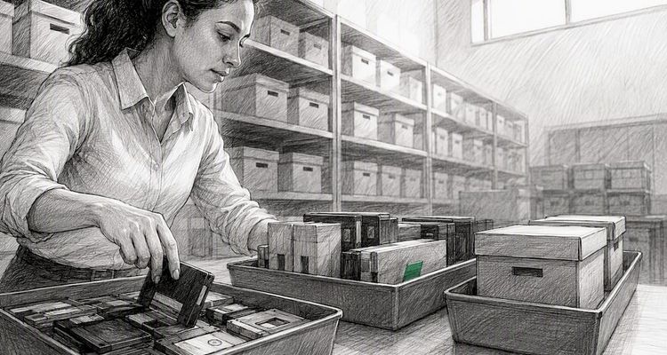 Compliance specialist sorting records for disposition