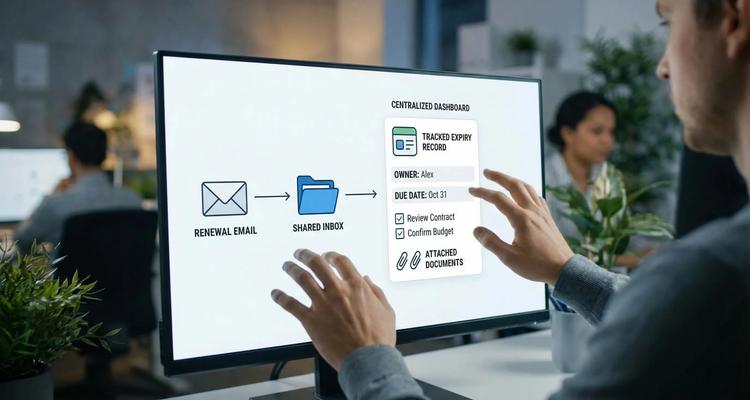 A simple workflow illustration showing a renewal email entering a shared inbox, then being converted into a tracked expiry record with owner, due date, checklist steps, and attached documents on a centralized dashboard.