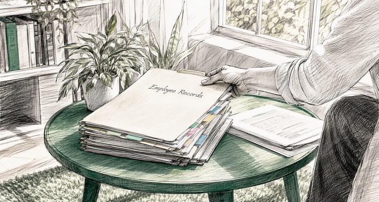 Hand sorting employee visa records in office