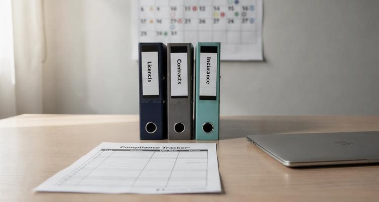 A clean office scene with a wall calendar and a printed compliance tracker sheet on a desk next to labeled folders (Licenses, Contracts, Insurance). A laptop sits closed nearby, emphasizing planning and documentation without showing any screen content.