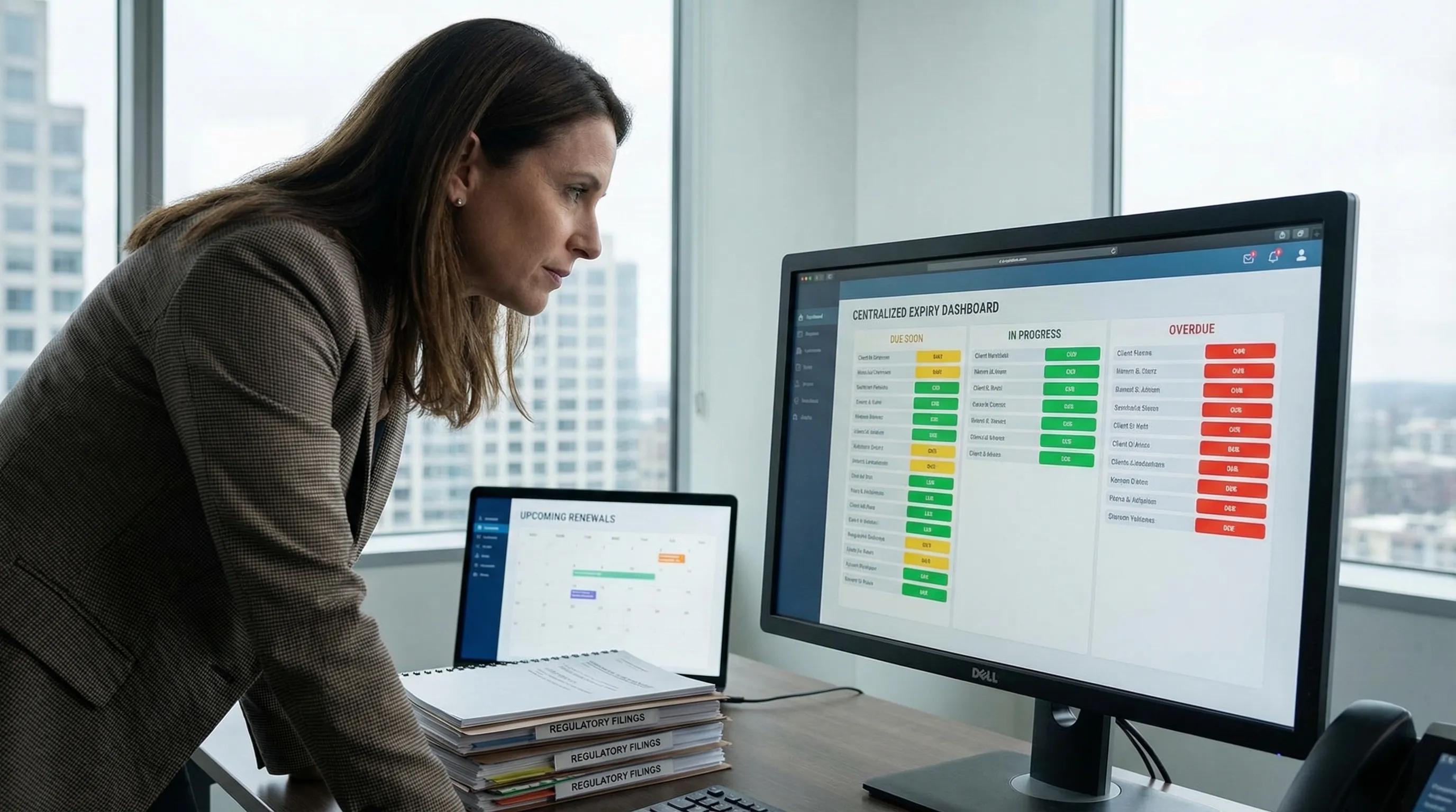 A compliance manager reviewing a centralized expiry dashboard with status columns (Due soon, In progress, Overdue), alongside attached documents and a calendar view for upcoming renewals.