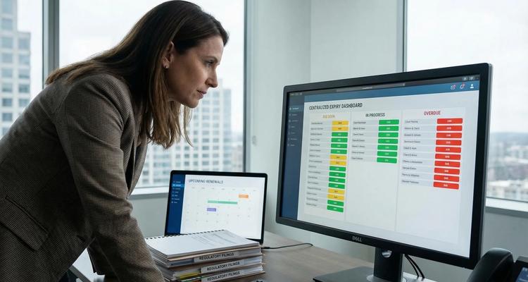 A compliance manager reviewing a centralized expiry dashboard with status columns (Due soon, In progress, Overdue), alongside attached documents and a calendar view for upcoming renewals.