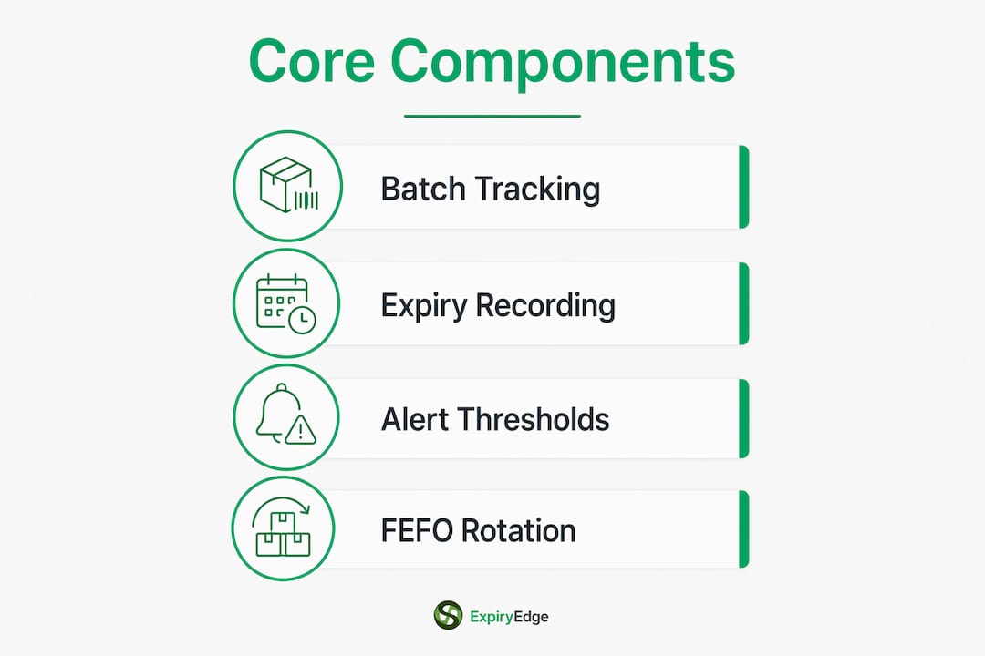 Infographic showing core components of expiration date management