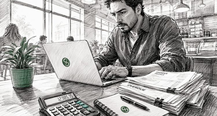 Overhead hands typing amid overdue invoices and calculator