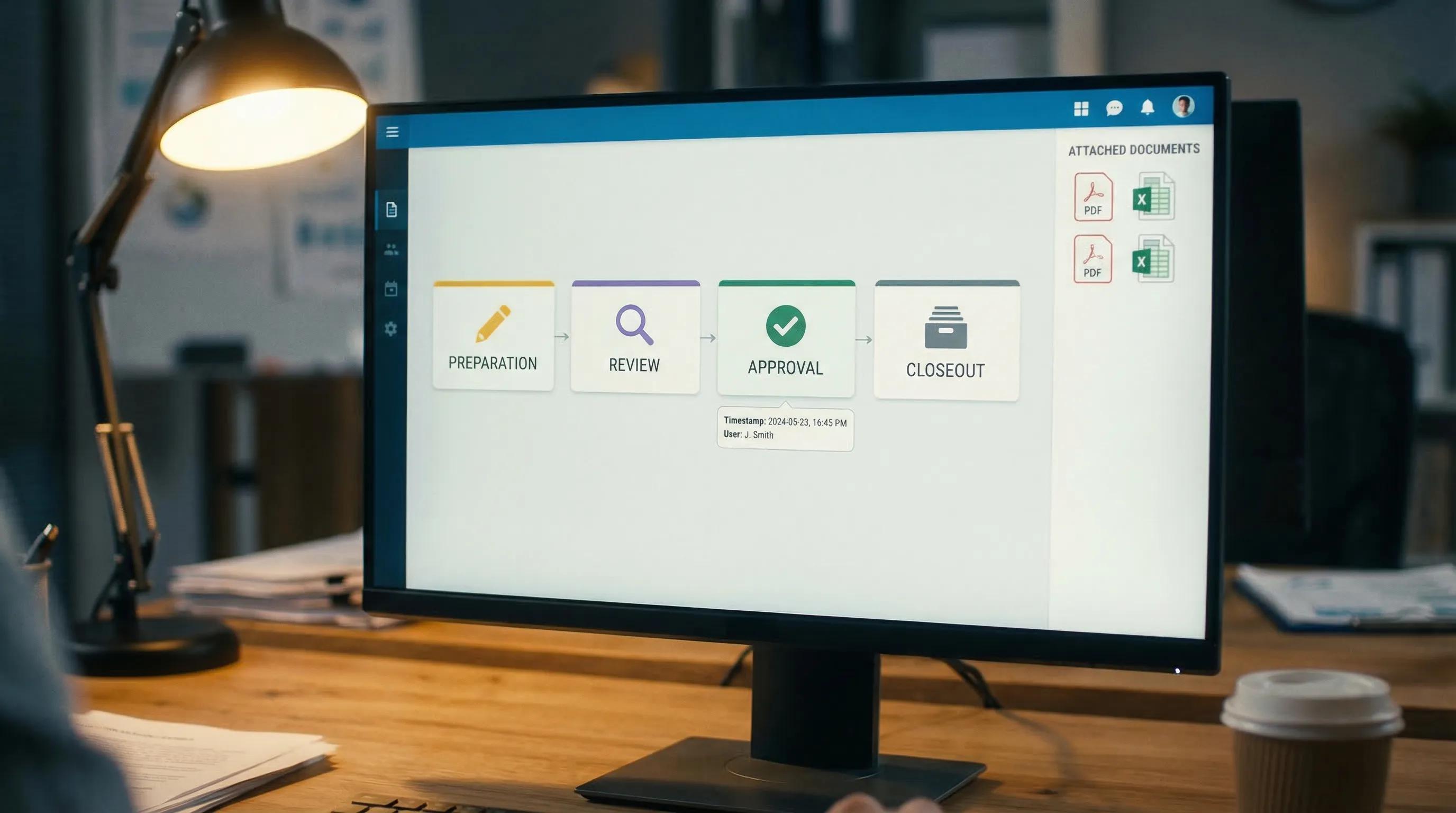 A simple approval workflow view showing steps: preparation, review, approval, and closeout, with attached documents and an approval timestamp field.