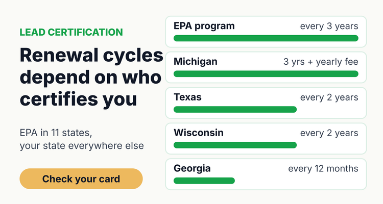 Lead inspector certification renewal cycles compared: EPA program every 3 years, Michigan 3 years plus a yearly fee, Texas and Wisconsin every 2 years, Georgia every 12 months