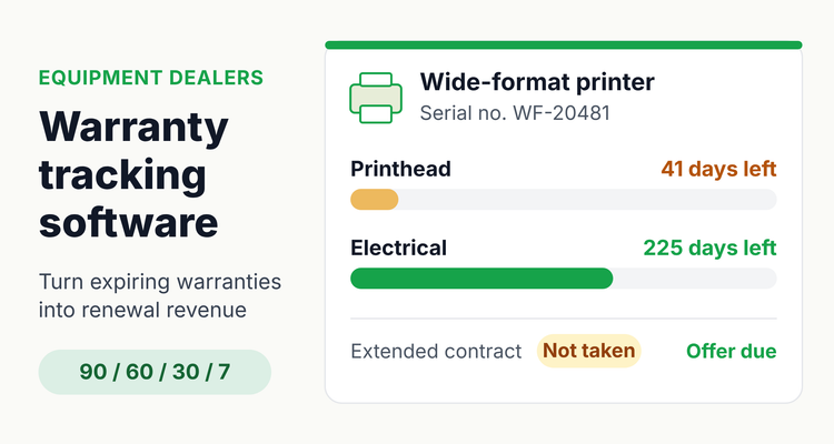 Warranty tracking software machine card for a wide-format printer, showing the printhead warranty with 41 days left and the electrical warranty with 225 days left