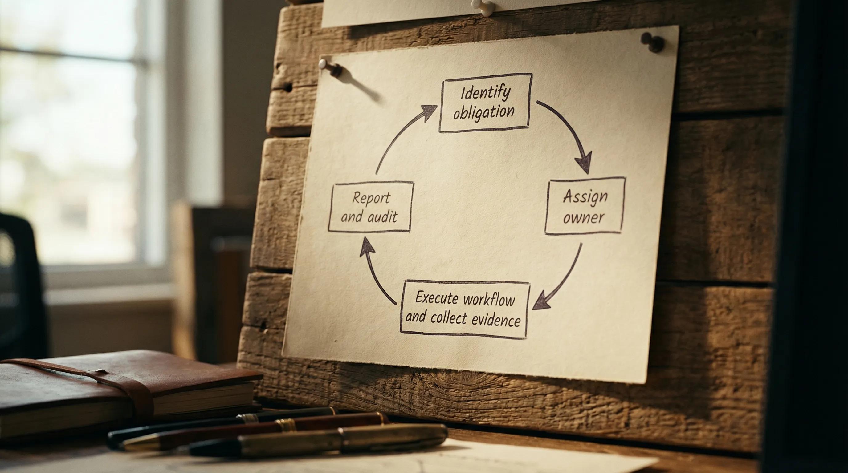 A simple diagram showing the compliance lifecycle as a loop with four labeled steps: Identify obligation, Assign owner, Execute workflow and collect evidence, Report and audit.