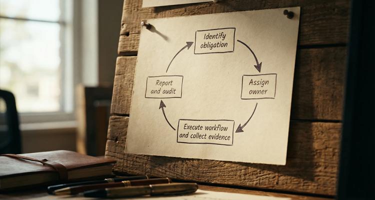 A simple diagram showing the compliance lifecycle as a loop with four labeled steps: Identify obligation, Assign owner, Execute workflow and collect evidence, Report and audit.