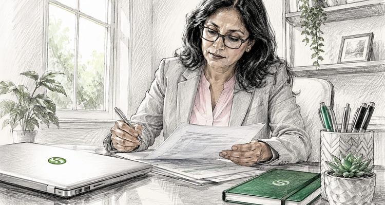 Woman reviewing compliance documents at boardroom table