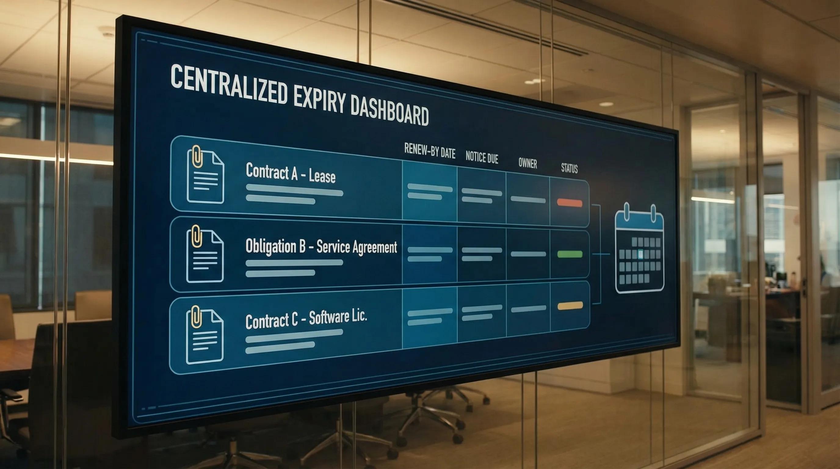 A clean illustration of a centralized expiry dashboard with rows for contracts and obligations, columns for “renew-by date,” “notice due,” “owner,” and “status,” plus an attached document icon and a calendar view preview.