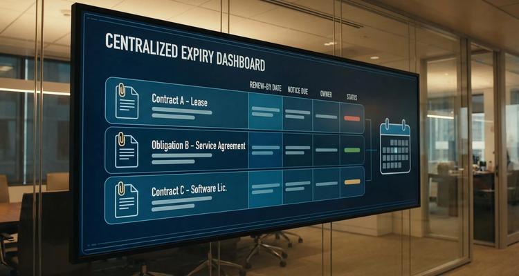 A clean illustration of a centralized expiry dashboard with rows for contracts and obligations, columns for “renew-by date,” “notice due,” “owner,” and “status,” plus an attached document icon and a calendar view preview.