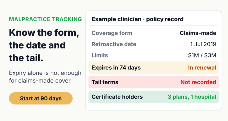 Malpractice insurance tracking record for one clinician showing carrier, coverage form claims-made, retroactive date, limits, expiry, tail terms and the payers and hospital that hold a certificate