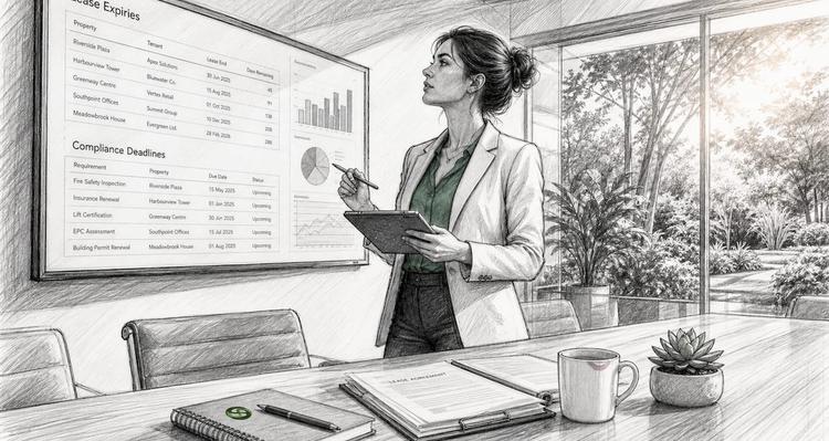 Property manager reviewing expiry dashboard in office