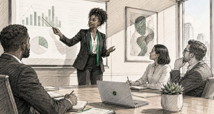 Businesswoman leading contract risk management meeting