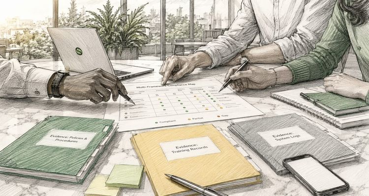 Hands sorting compliance framework documents on table