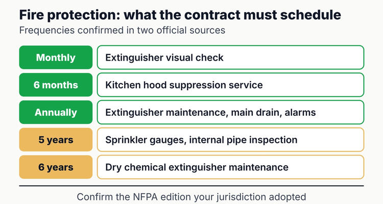 Fire protection inspection frequencies for a facilities maintenance contract: monthly extinguisher checks, six-monthly kitchen hood service, annual extinguisher maintenance and main drain test, five-yearly sprinkler gauges and internal pipe inspection, six-yearly extinguisher maintenance
