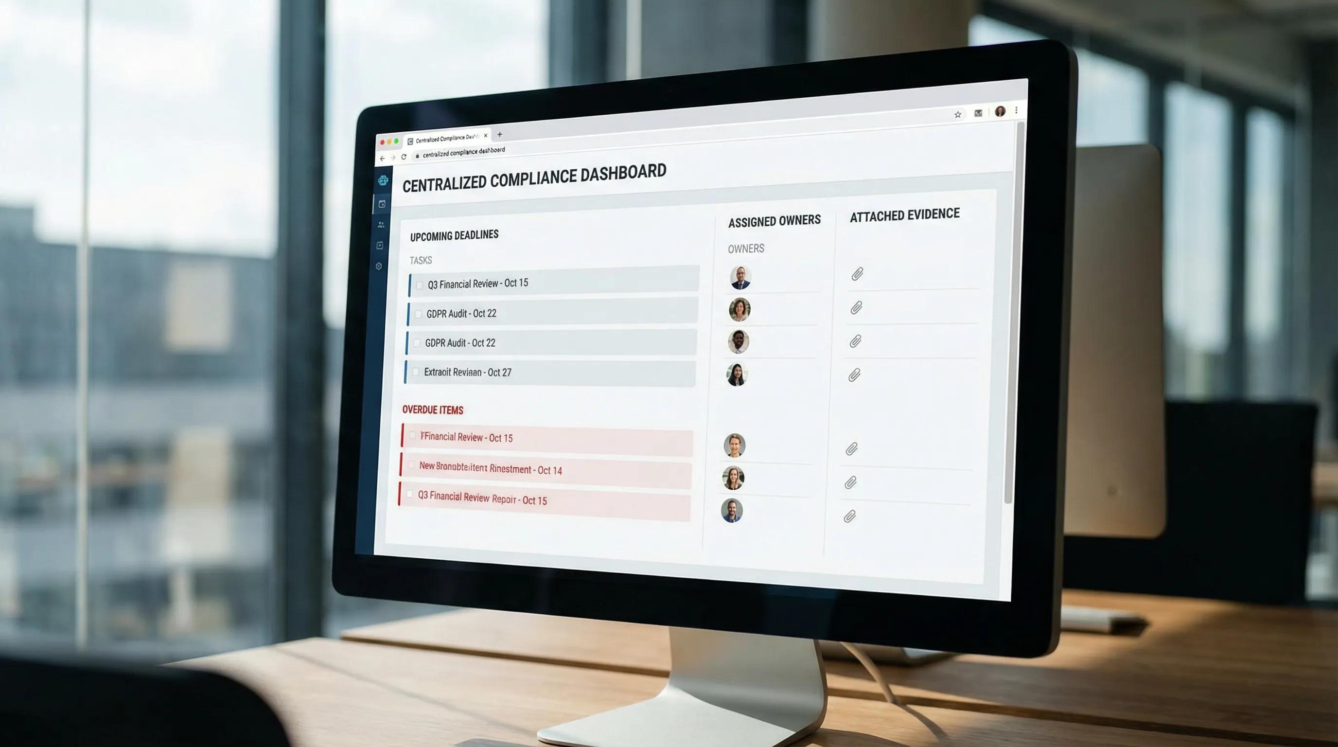 A centralized compliance dashboard concept showing upcoming deadlines, overdue items, assigned owners, and attached evidence indicators, presented as a clean web interface.