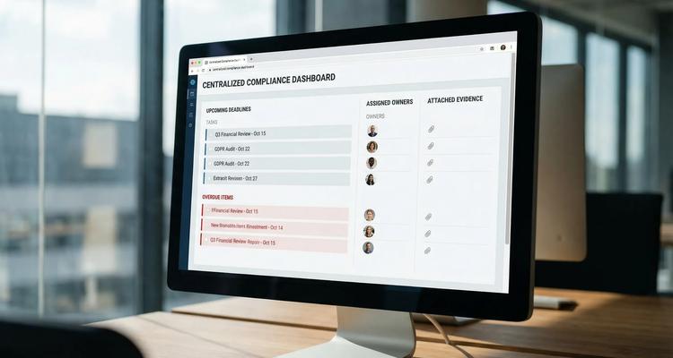 A centralized compliance dashboard concept showing upcoming deadlines, overdue items, assigned owners, and attached evidence indicators, presented as a clean web interface.