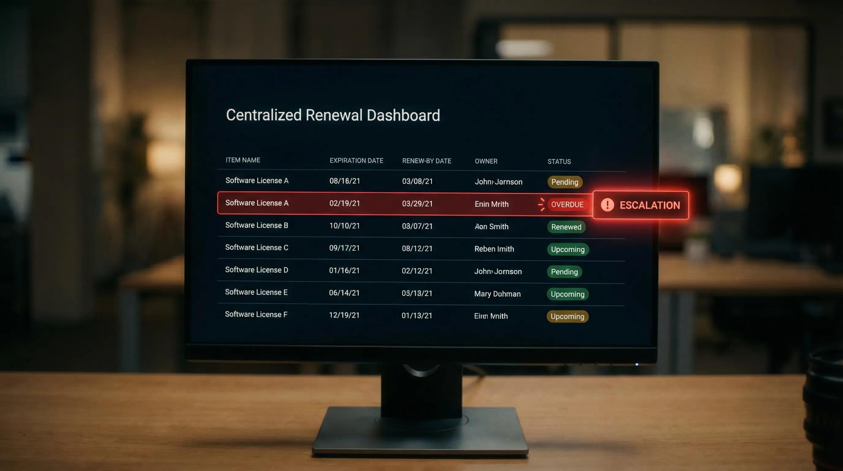 A centralized renewal dashboard showing upcoming expiration dates, renew-by dates, owners, statuses, and a highlighted overdue item with an escalation indicator.