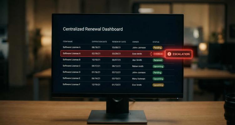 A centralized renewal dashboard showing upcoming expiration dates, renew-by dates, owners, statuses, and a highlighted overdue item with an escalation indicator.