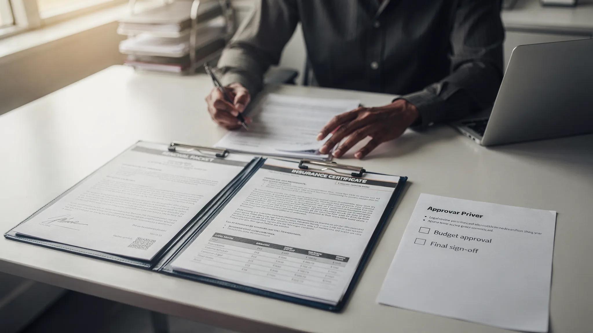 A compliance manager reviewing a renewal packet with attached documents (contract PDF, insurance certificate, and vendor quote) while a simple approval checklist shows steps like legal review, budget approval, and final sign-off.