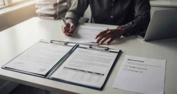 A compliance manager reviewing a renewal packet with attached documents (contract PDF, insurance certificate, and vendor quote) while a simple approval checklist shows steps like legal review, budget approval, and final sign-off.